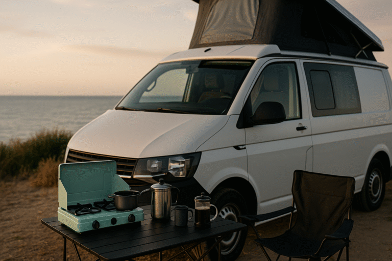 Camper van displaying a van life cooking setup, parked on a coastal cliffside with cooking gear set up nearby, overlooking the ocean under clear skies.